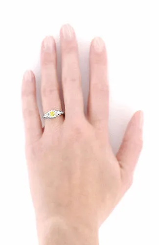 Filigree Art Deco Low Dome Yellow Sapphire Engagement Ring with Side Diamonds in White Gold