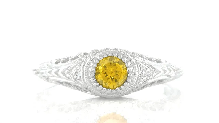 Filigree Art Deco Low Dome Yellow Sapphire Engagement Ring with Side Diamonds in White Gold