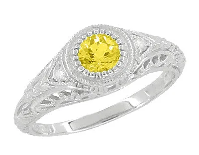 Filigree Art Deco Low Dome Yellow Sapphire Engagement Ring with Side Diamonds in White Gold