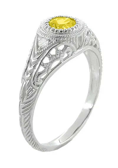Filigree Art Deco Low Dome Yellow Sapphire Engagement Ring with Side Diamonds in White Gold