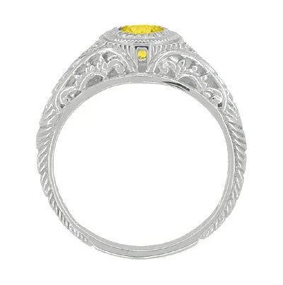 Filigree Art Deco Low Dome Yellow Sapphire Engagement Ring with Side Diamonds in White Gold