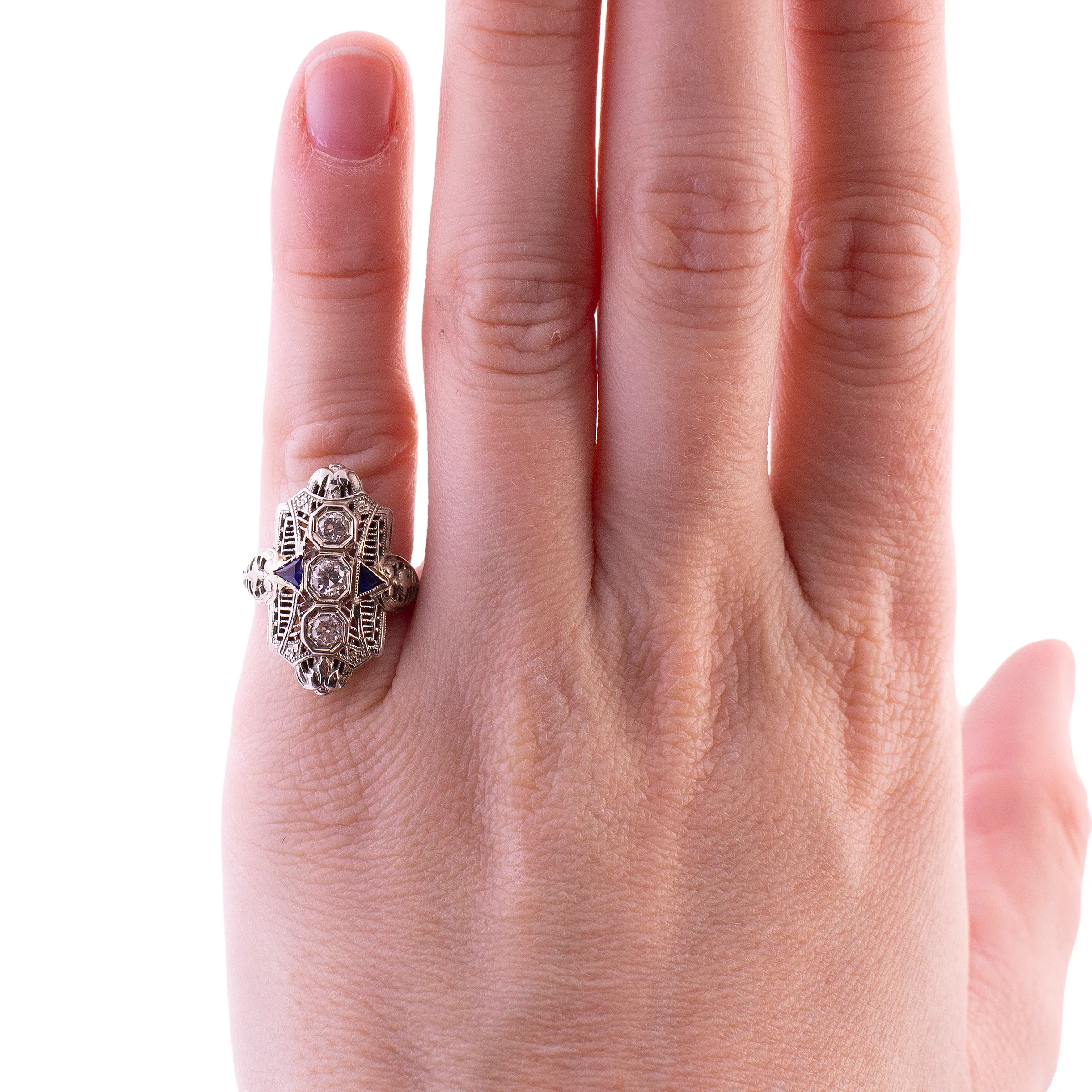 Filigree Diamond and Synthetic Sapphire Ring