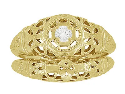 Filigree Dome Open Flowers Diamond Engagement Ring in 14K Yellow Gold