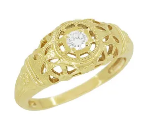 Filigree Dome Open Flowers Diamond Engagement Ring in 14K Yellow Gold