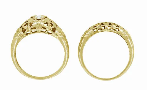 Filigree Dome Open Flowers Diamond Engagement Ring in 14K Yellow Gold