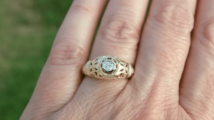 Filigree Dome Open Flowers Diamond Engagement Ring in 14K Yellow Gold