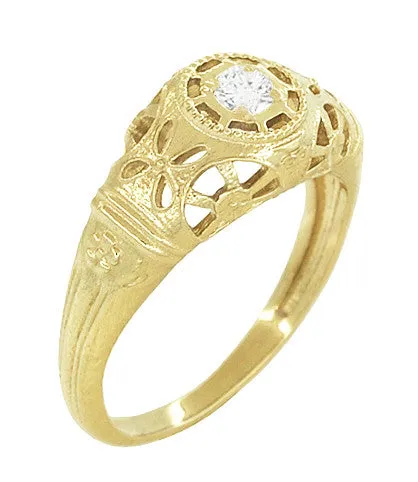 Filigree Dome Open Flowers Diamond Engagement Ring in 14K Yellow Gold