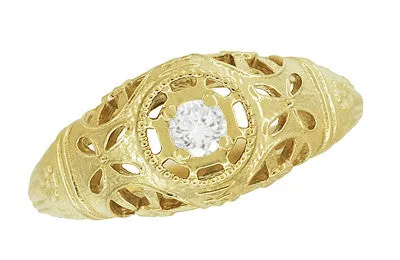 Filigree Dome Open Flowers Diamond Engagement Ring in 14K Yellow Gold