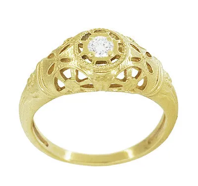 Filigree Dome Open Flowers Diamond Engagement Ring in 14K Yellow Gold