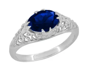 Filigree Edwardian Oval Blue Sapphire Engagement Ring in 14 Karat White Gold