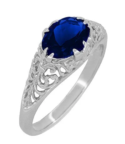 Filigree Edwardian Oval Blue Sapphire Engagement Ring in 14 Karat White Gold