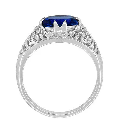 Filigree Edwardian Oval Blue Sapphire Engagement Ring in 14 Karat White Gold