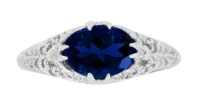 Filigree Edwardian Oval Blue Sapphire Engagement Ring in 14 Karat White Gold