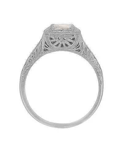 Filigree Scrolls Engraved Morganite Engagement Ring in 14 Karat White Gold