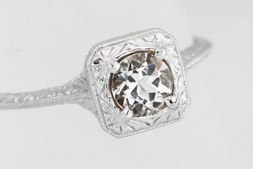Filigree Scrolls Engraved Morganite Engagement Ring in 14 Karat White Gold