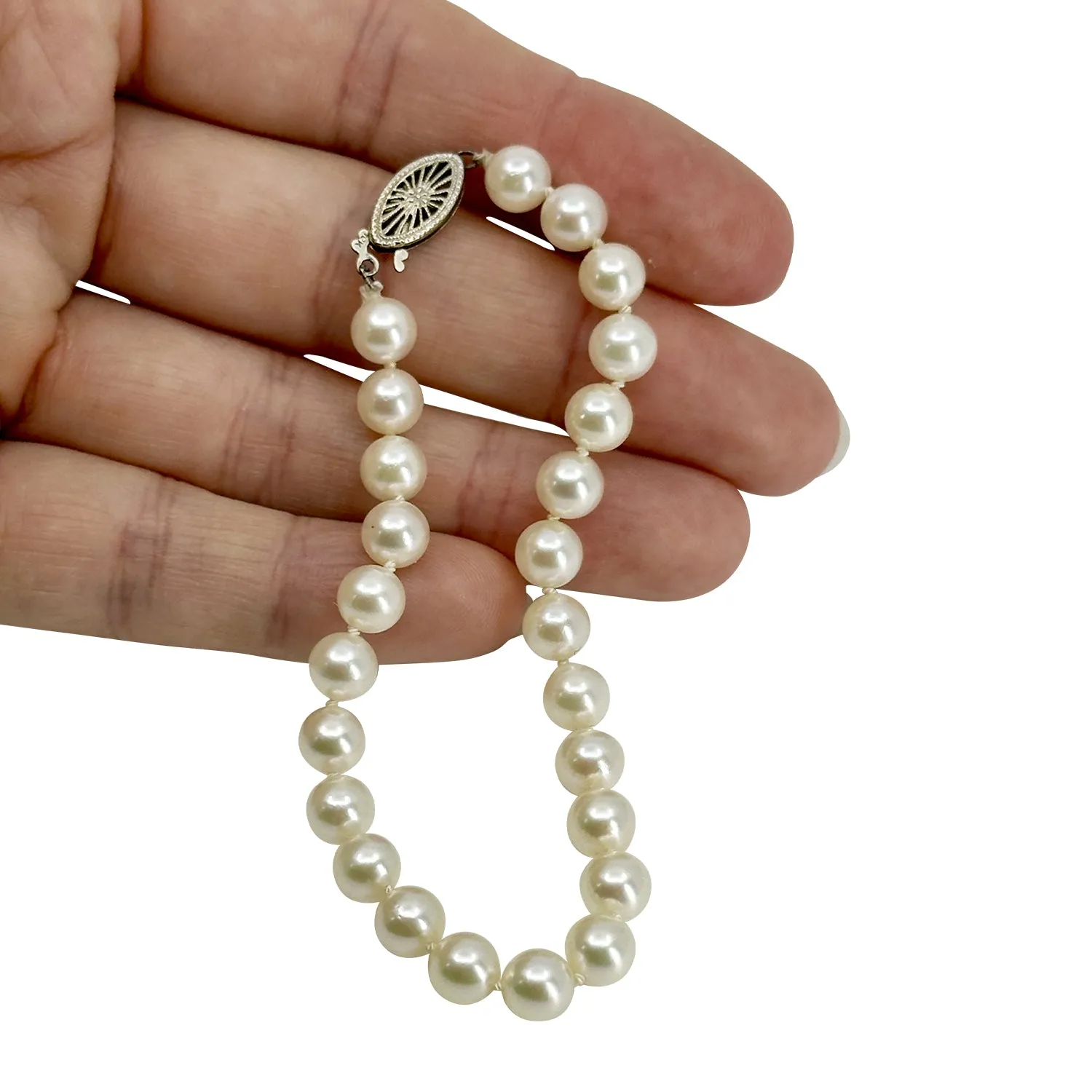Filigree Vintage Mid-Century Japanese Saltwater Akoya Cultured Pearl Bracelet- 10K White Gold
