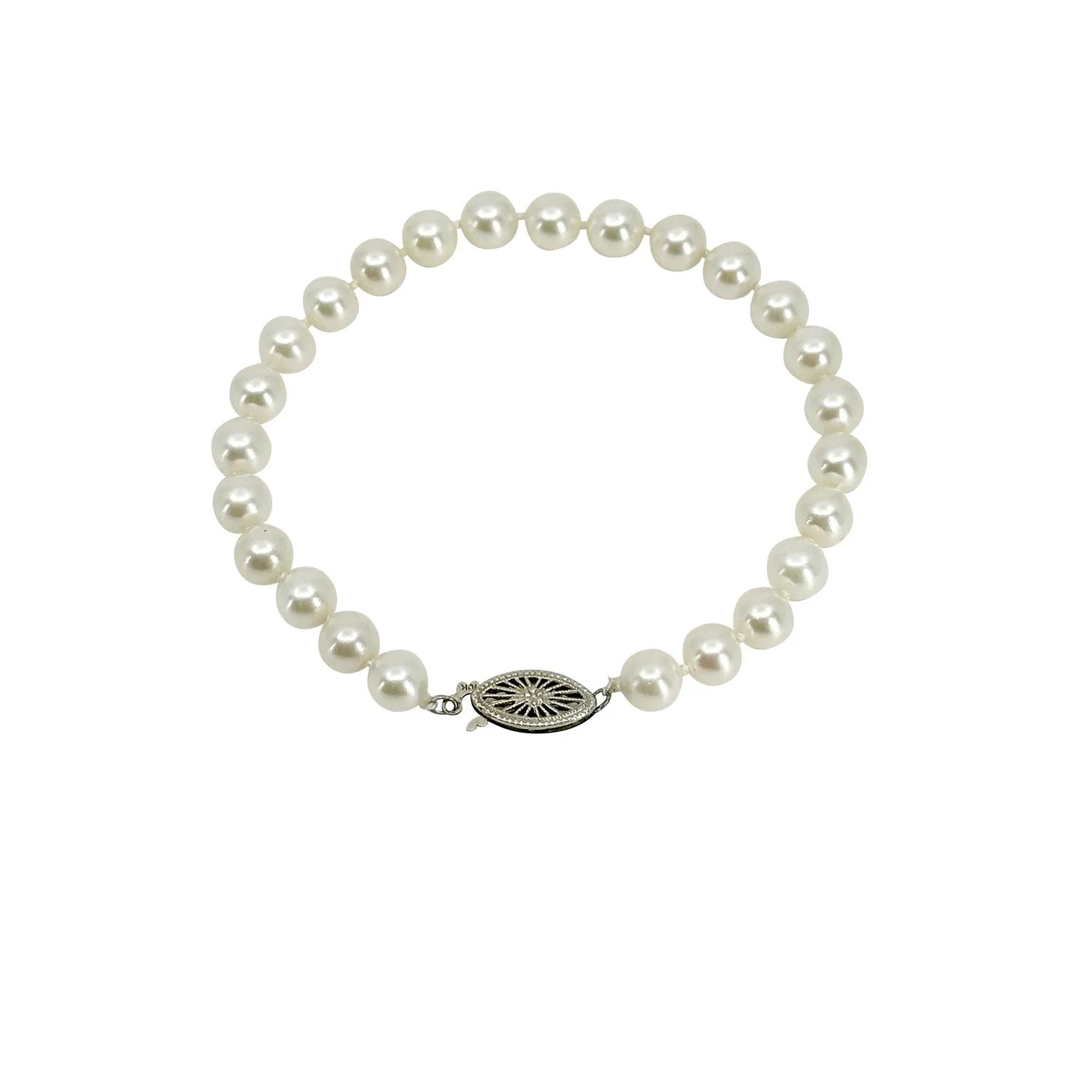 Filigree Vintage Mid-Century Japanese Saltwater Akoya Cultured Pearl Bracelet- 10K White Gold