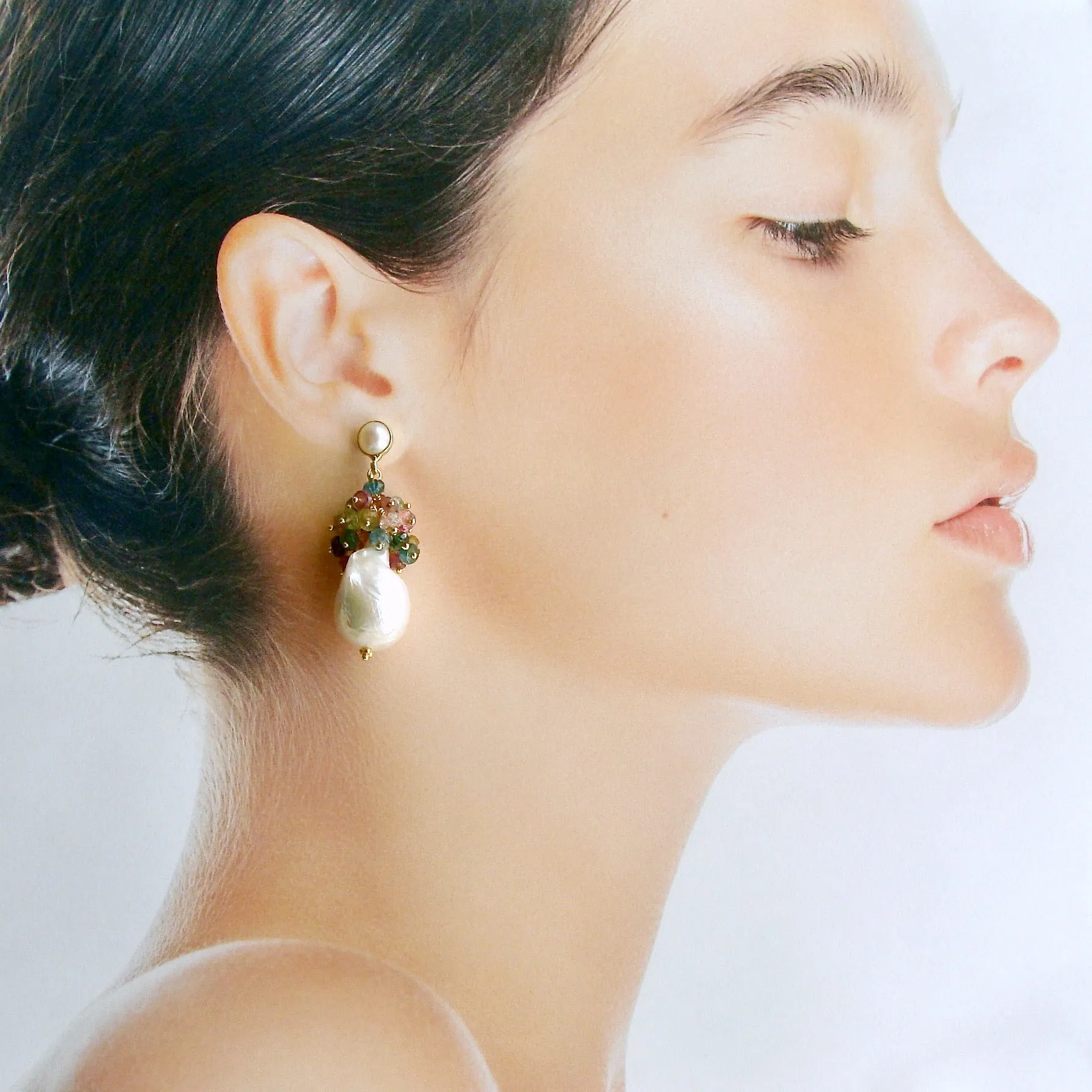 Flameball Pearl Tourmaline Cluster Earrings - Katerina Earrings