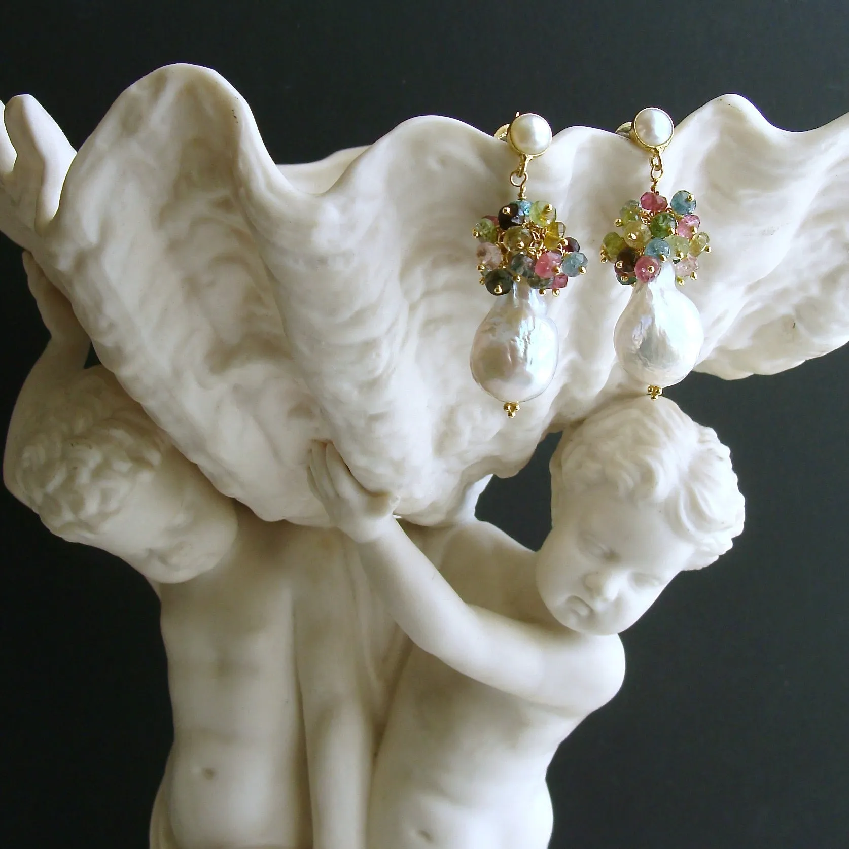 Flameball Pearl Tourmaline Cluster Earrings - Katerina Earrings