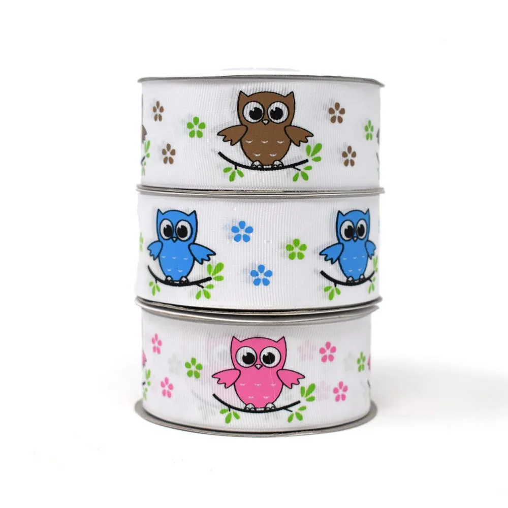Floral Owl on Branch Grosgrain Ribbons, 25-yard