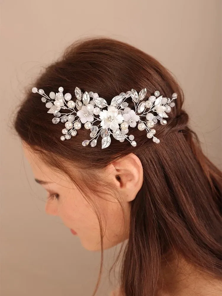 Floral Pearl Bridal Hairpiece, Wedding Wire Crystal Hair Vine, Bridal White Flower Headpiece