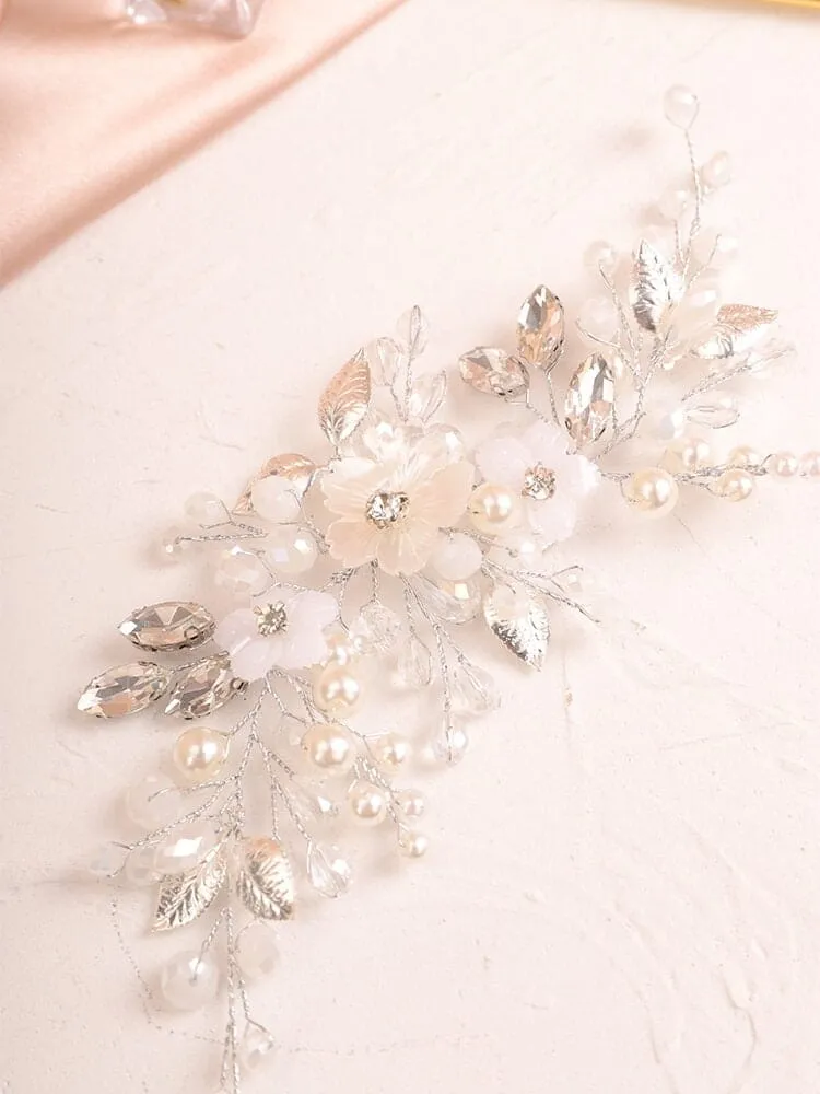 Floral Pearl Bridal Hairpiece, Wedding Wire Crystal Hair Vine, Bridal White Flower Headpiece