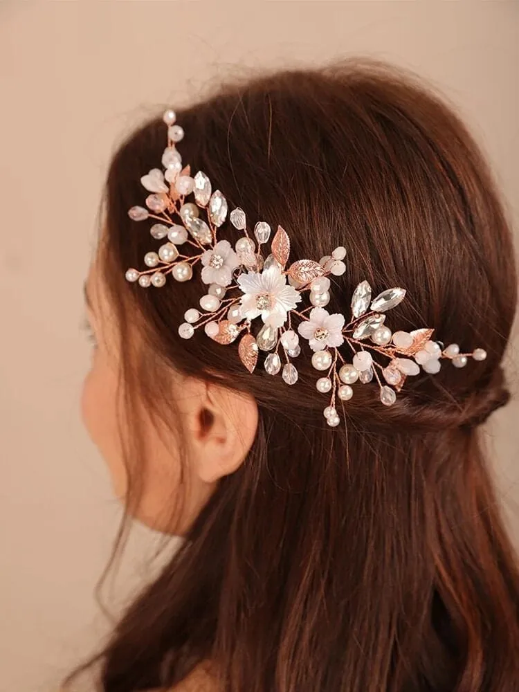 Floral Pearl Bridal Hairpiece, Wedding Wire Crystal Hair Vine, Bridal White Flower Headpiece