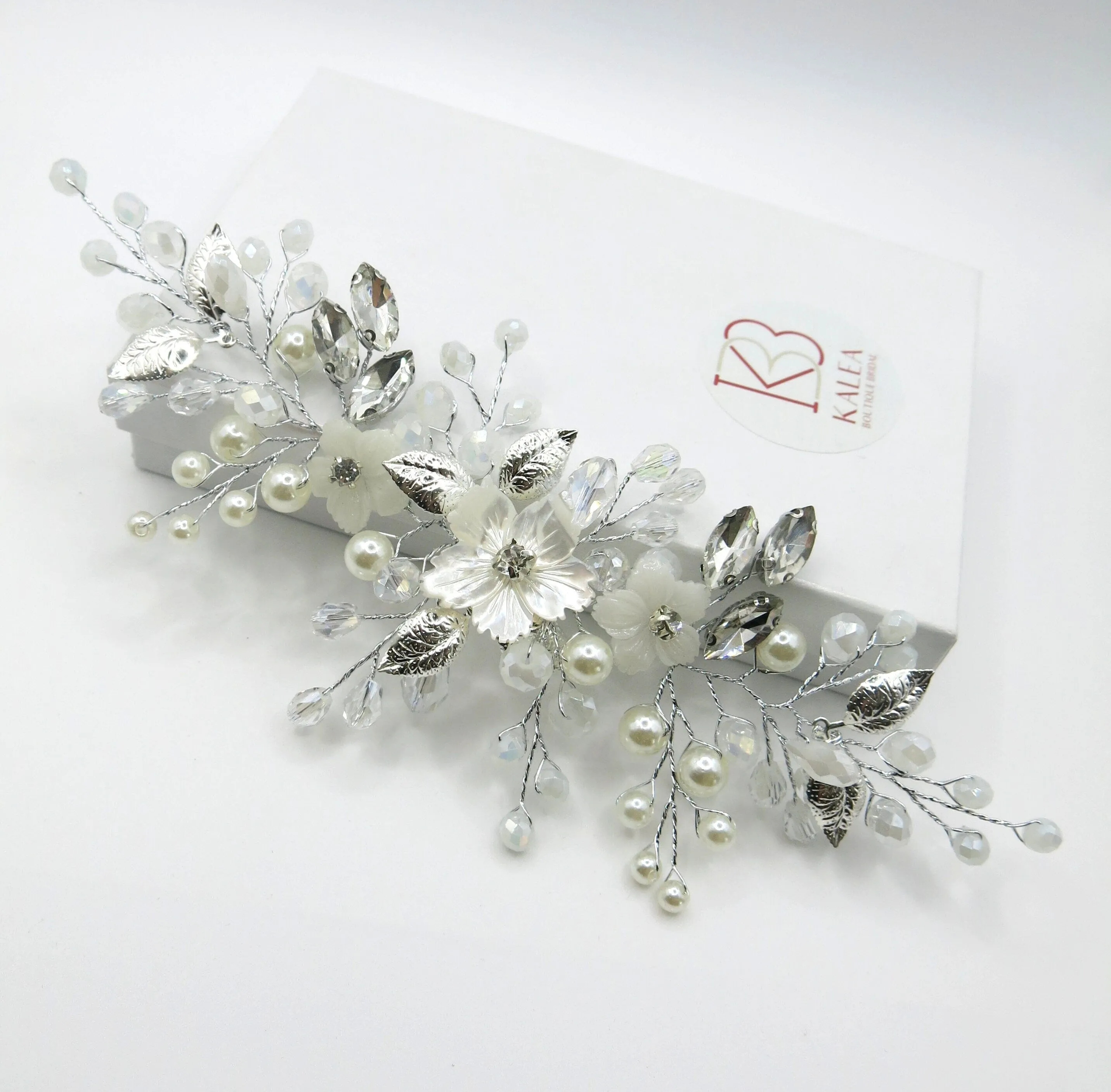 Floral Pearl Bridal Hairpiece, Wedding Wire Crystal Hair Vine, Bridal White Flower Headpiece