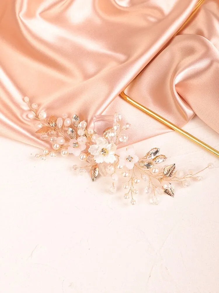 Floral Pearl Bridal Hairpiece, Wedding Wire Crystal Hair Vine, Bridal White Flower Headpiece