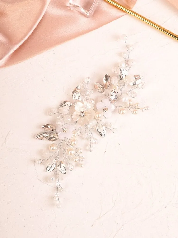 Floral Pearl Bridal Hairpiece, Wedding Wire Crystal Hair Vine, Bridal White Flower Headpiece