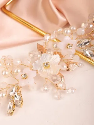Floral Pearl Bridal Hairpiece, Wedding Wire Crystal Hair Vine, Bridal White Flower Headpiece