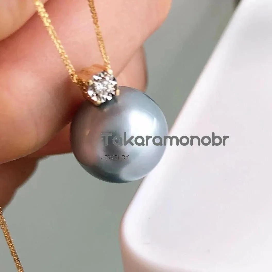 Forever Elegant 10.0-11.0 mm Tahitian Silver Gray Pearl & Diamond Stud Earrings/Pendant in 18K Gold