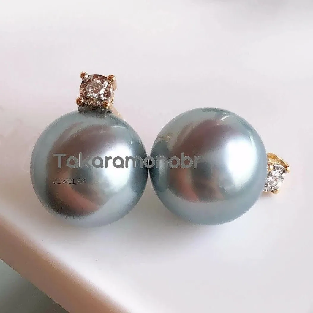 Forever Elegant 10.0-11.0 mm Tahitian Silver Gray Pearl & Diamond Stud Earrings/Pendant in 18K Gold