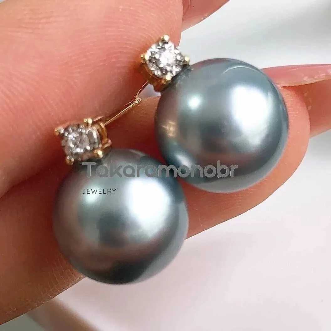 Forever Elegant 10.0-11.0 mm Tahitian Silver Gray Pearl & Diamond Stud Earrings/Pendant in 18K Gold