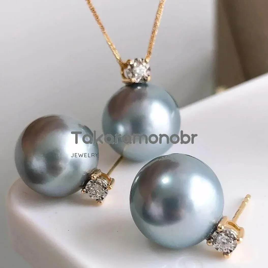 Forever Elegant 10.0-11.0 mm Tahitian Silver Gray Pearl & Diamond Stud Earrings/Pendant in 18K Gold