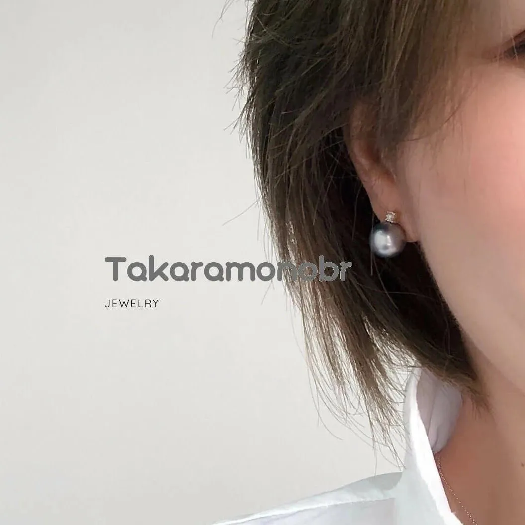 Forever Elegant 10.0-11.0 mm Tahitian Silver Gray Pearl & Diamond Stud Earrings/Pendant in 18K Gold