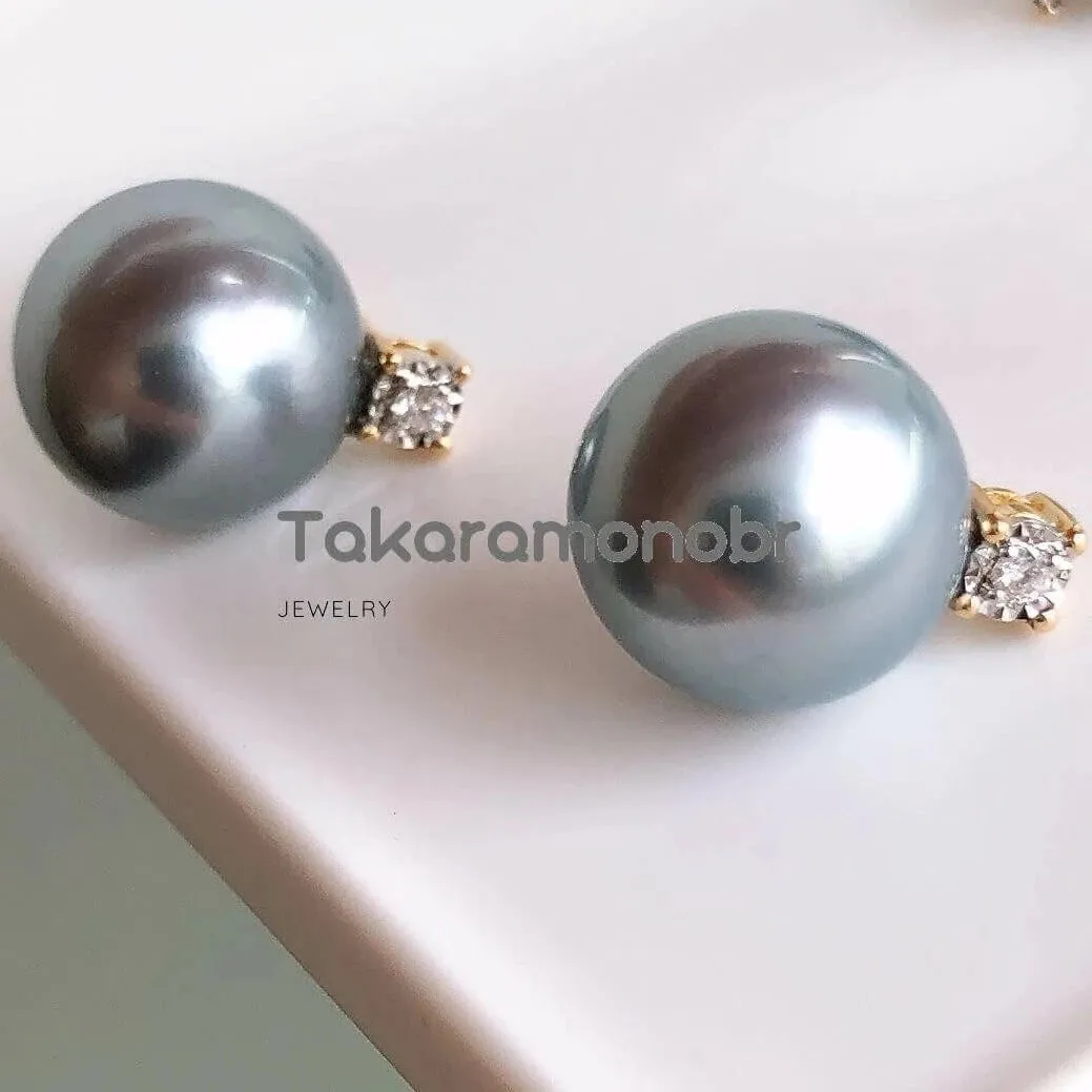 Forever Elegant 10.0-11.0 mm Tahitian Silver Gray Pearl & Diamond Stud Earrings/Pendant in 18K Gold