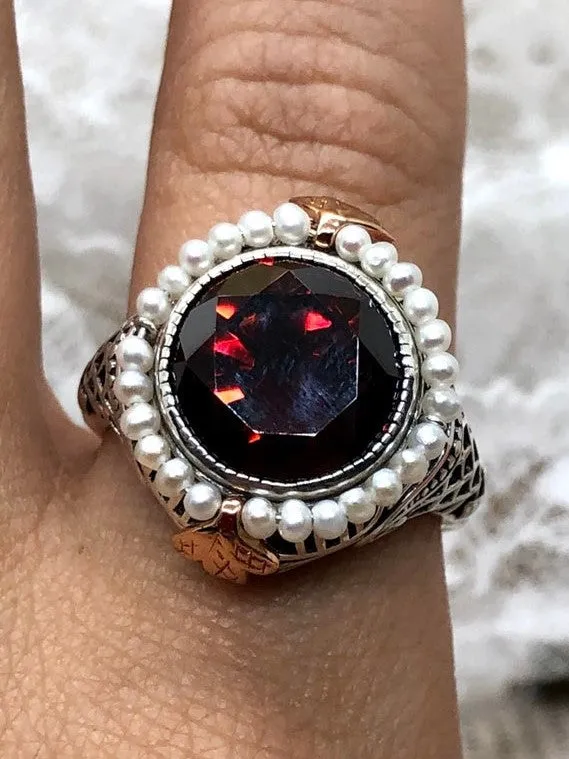Garnet CZ & Seed Pearl Ring, Victorian Filigree Jewelry #D238