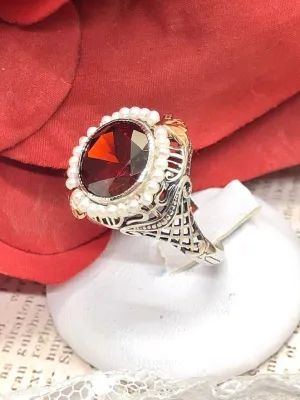 Garnet CZ & Seed Pearl Ring, Victorian Filigree Jewelry #D238