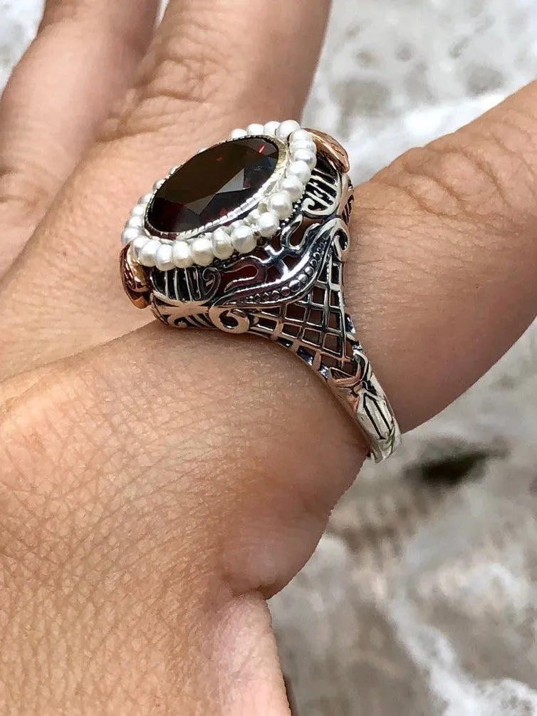 Garnet CZ & Seed Pearl Ring, Victorian Filigree Jewelry #D238