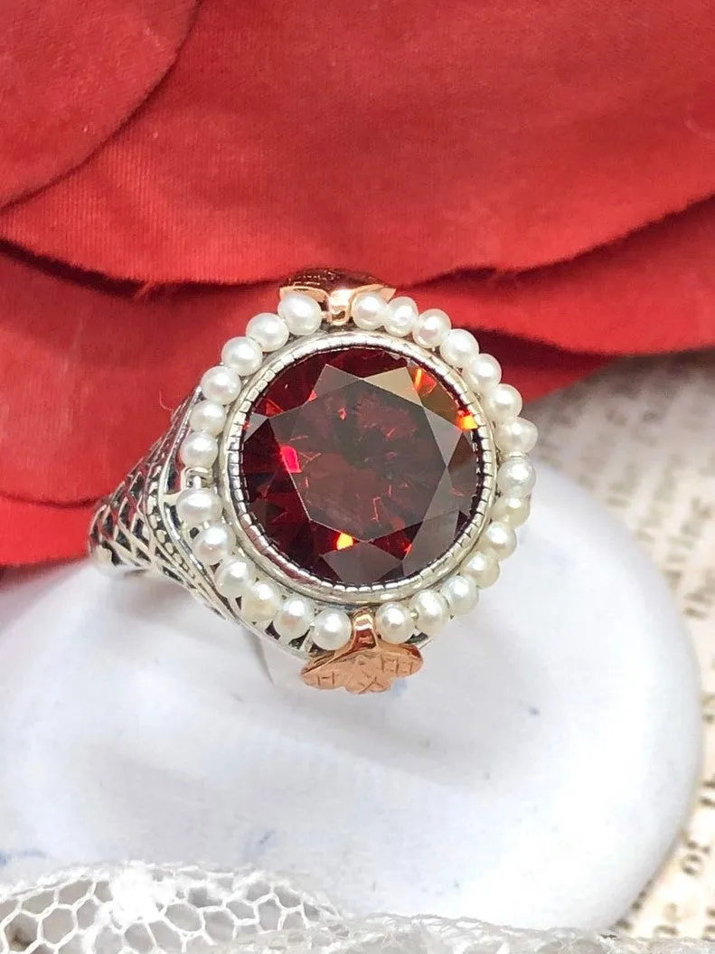 Garnet CZ & Seed Pearl Ring, Victorian Filigree Jewelry #D238