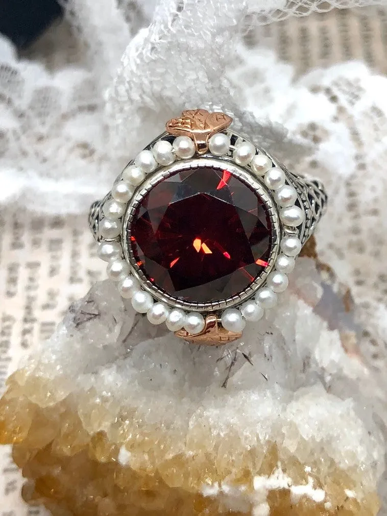 Garnet CZ & Seed Pearl Ring, Victorian Filigree Jewelry #D238