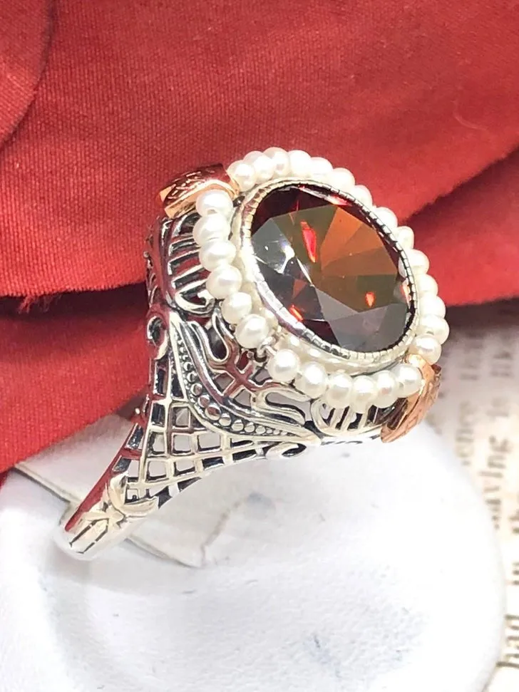 Garnet CZ & Seed Pearl Ring, Victorian Filigree Jewelry #D238