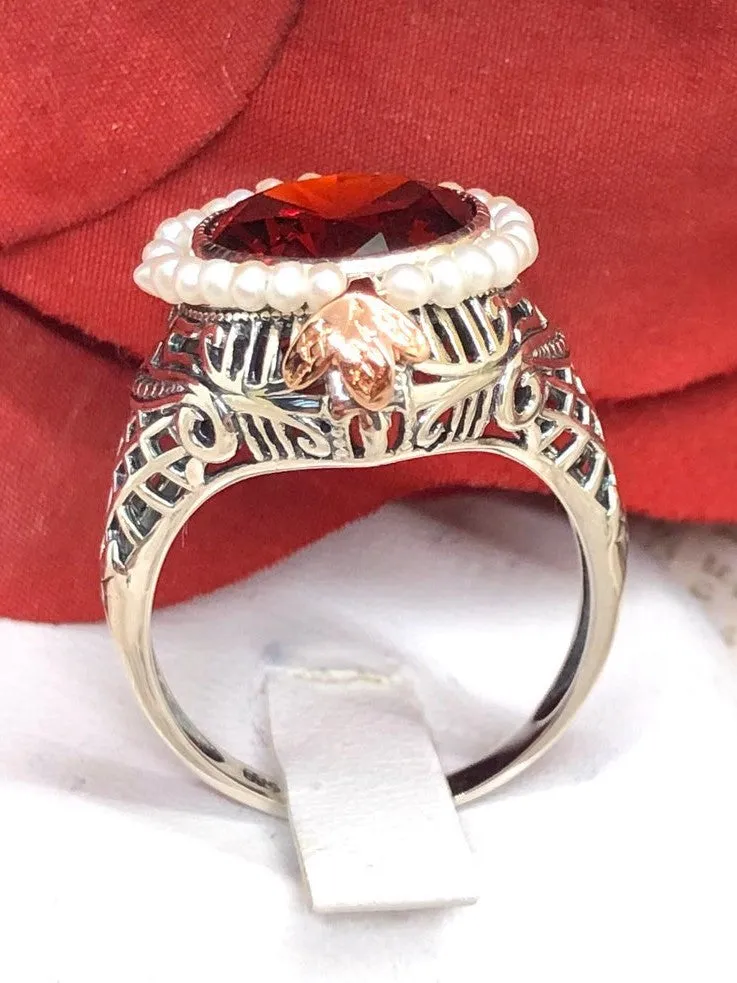 Garnet CZ & Seed Pearl Ring, Victorian Filigree Jewelry #D238