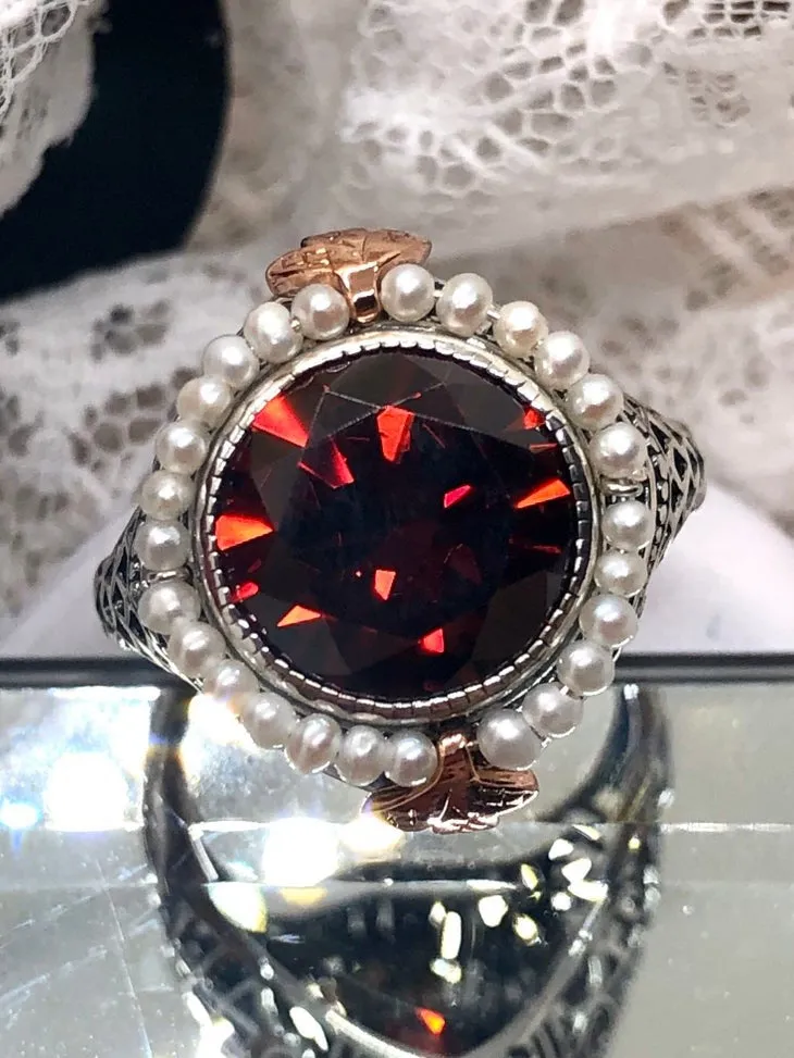 Garnet CZ & Seed Pearl Ring, Victorian Filigree Jewelry #D238