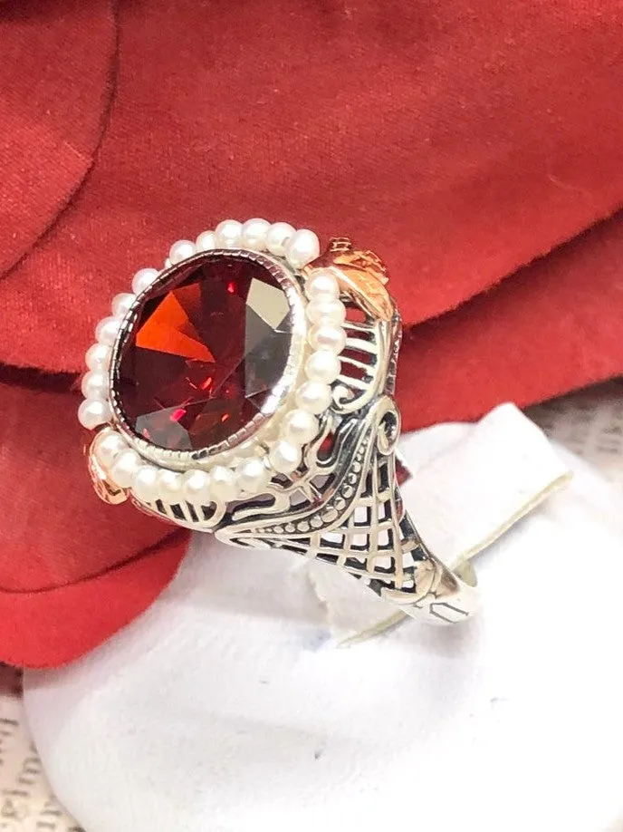 Garnet CZ & Seed Pearl Ring, Victorian Filigree Jewelry #D238