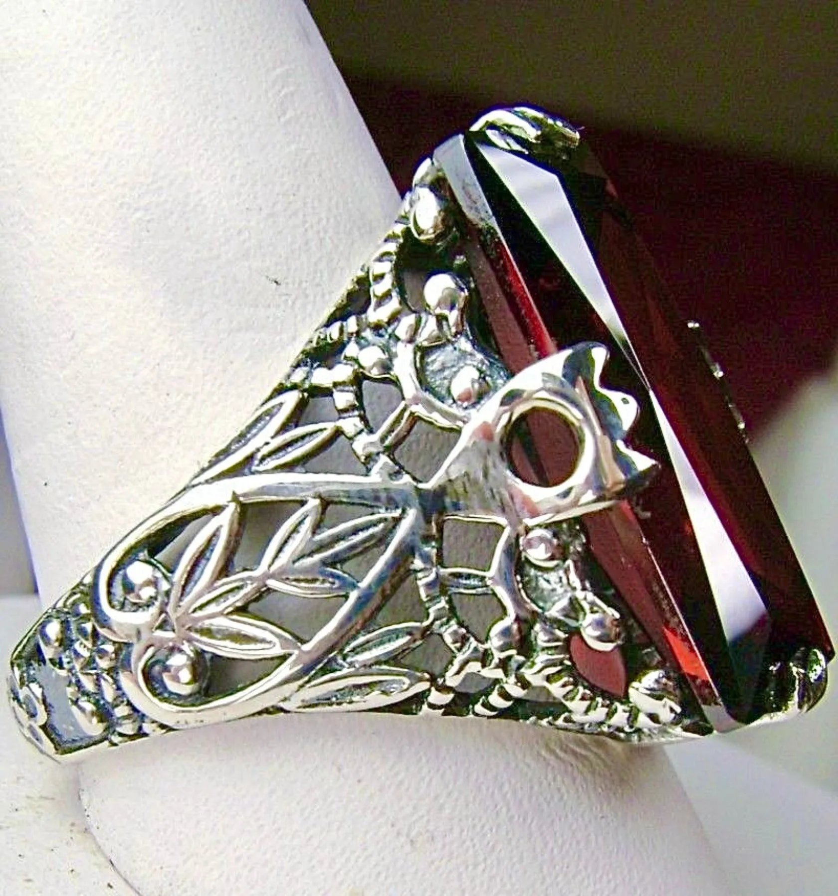 Garnet CZ Ring, Baguette Intaglio, Victorian Jewelry  #D31