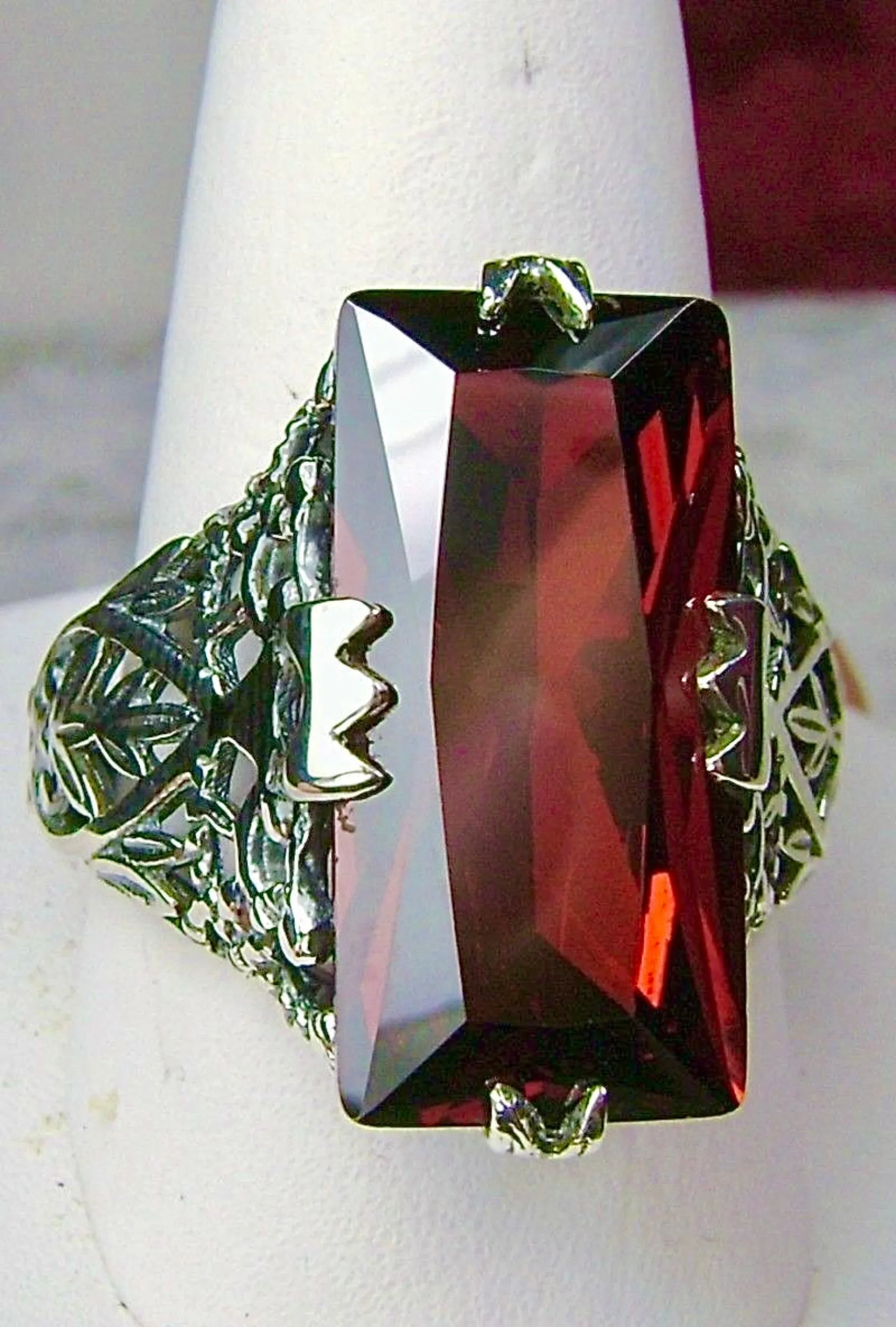 Garnet CZ Ring, Baguette Intaglio, Victorian Jewelry  #D31