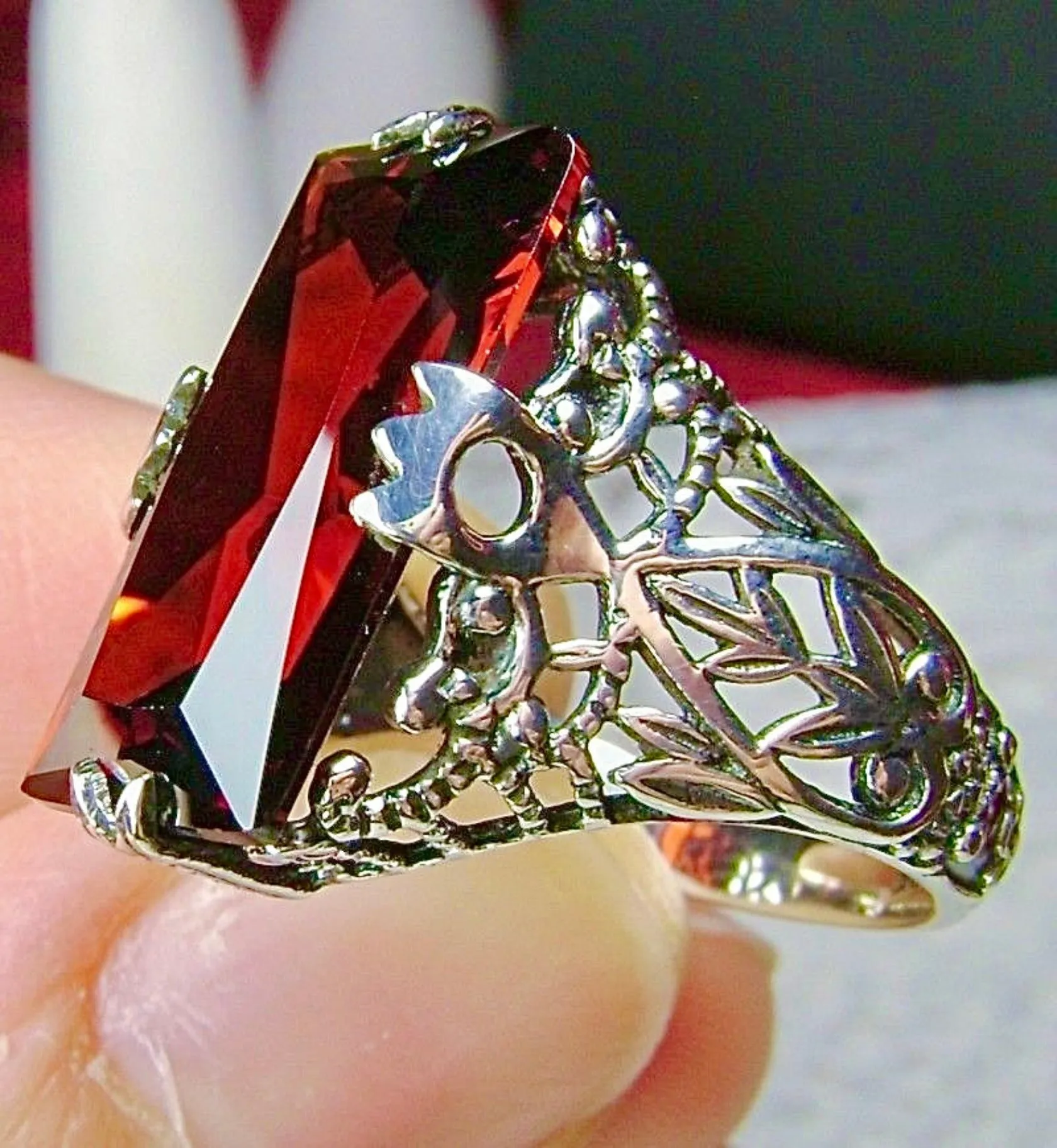 Garnet CZ Ring, Baguette Intaglio, Victorian Jewelry  #D31