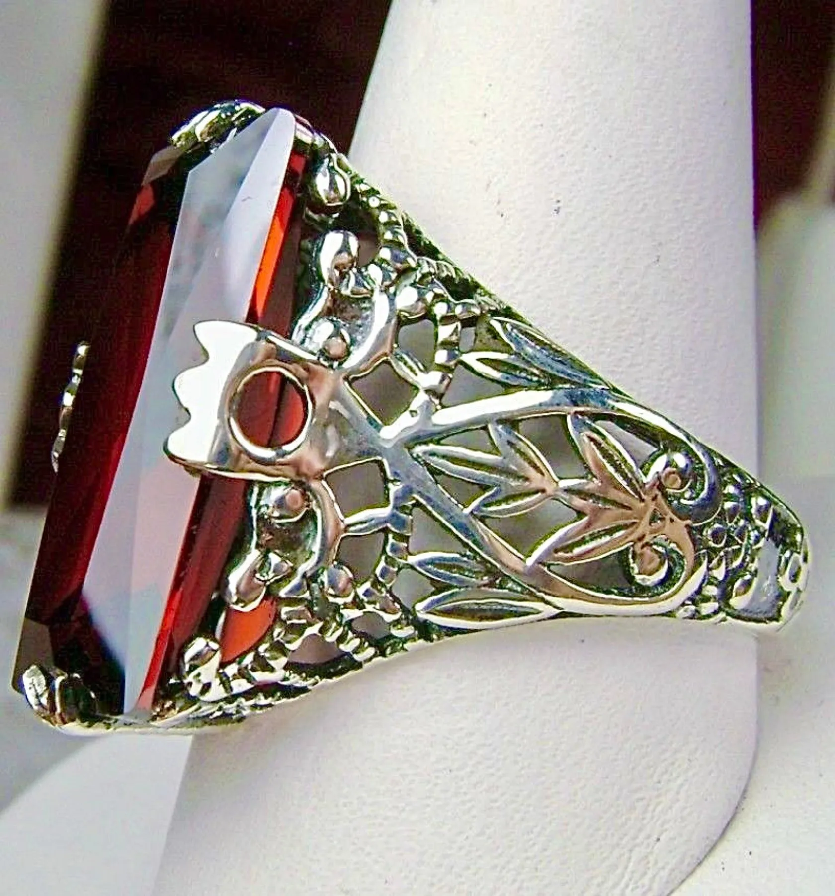 Garnet CZ Ring, Baguette Intaglio, Victorian Jewelry  #D31